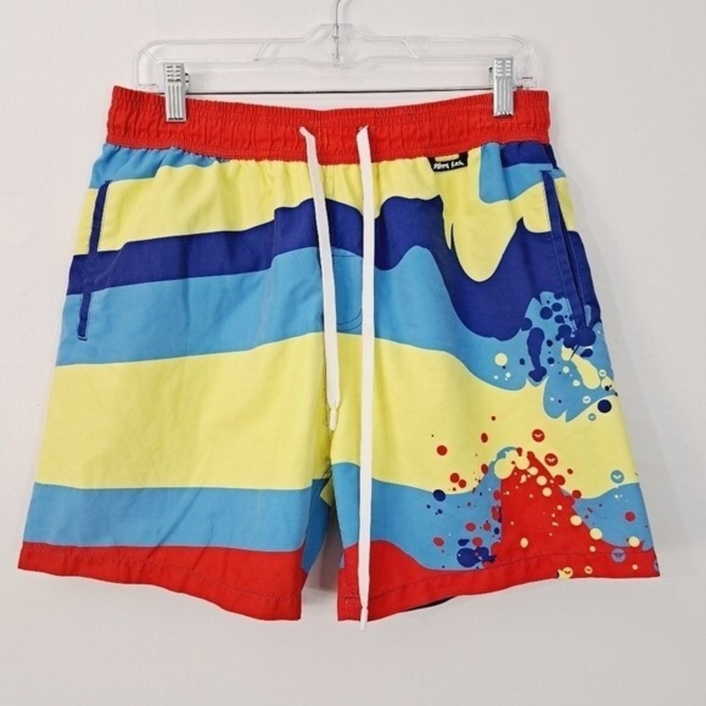 Blood Red Swim Trunks Mens 34 Multicolor Abstract Stripe Mesh Lined Board Shorts